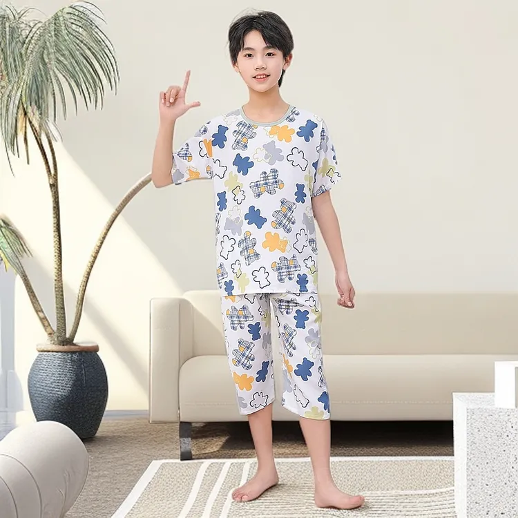 儿童夏季睡衣棉绸男童女童男孩宝宝绵绸空调服卡通家居服套装薄款