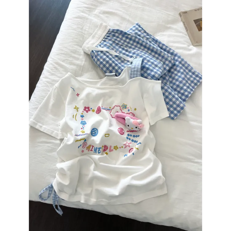 【可爱kitty】韩系甜美少女短袖睡衣女夏蓝色格纹长裤家居服可外穿