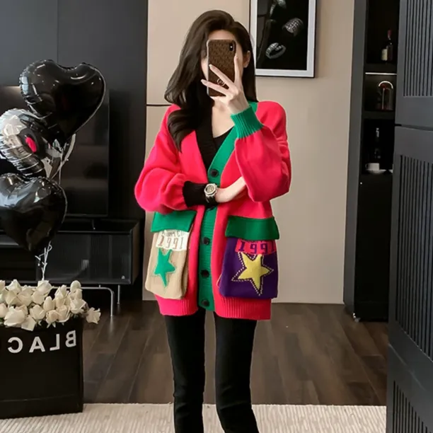 多巴安设计感撞色毛衣外套女秋冬加厚宽松休闲针织开衫v领上衣
