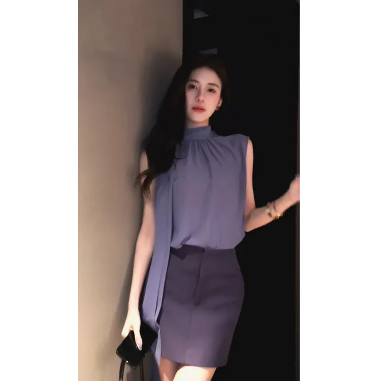 2025夏季新款法式洋气飘带无袖紫色高级感上衣搭高腰显瘦半身裙女