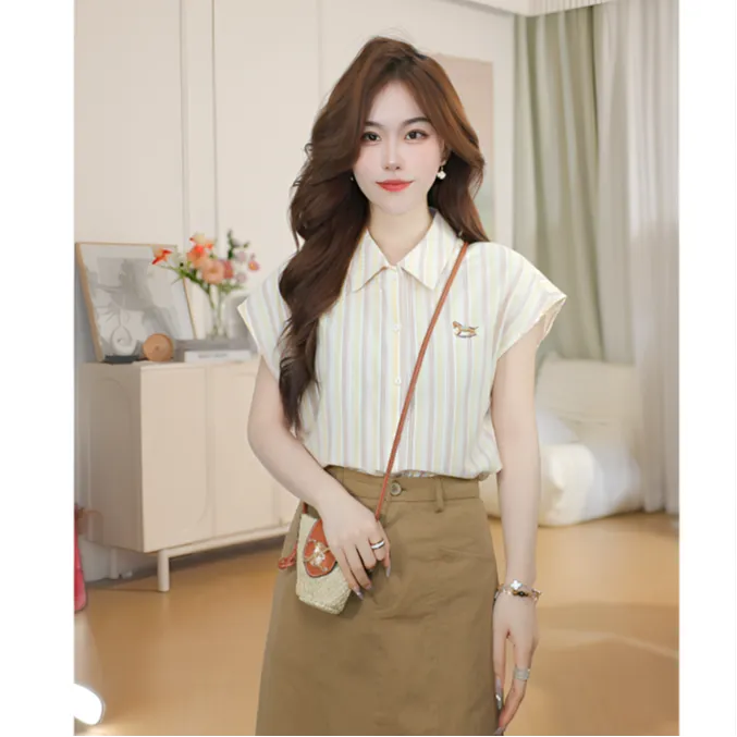 【年货节提前购】茵曼夏季清新减龄绣花撞色条纹衬衣女气质小飞袖衬