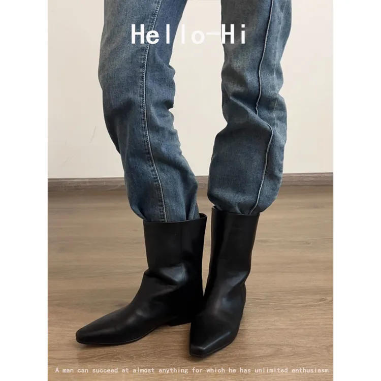 牛皮版~英伦秋冬款复古风方头宽筒短靴女百搭黑色瘦腿低跟中筒靴