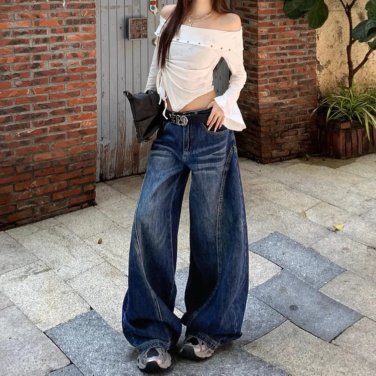 小个子深蓝色弯刀牛仔裤女2025新款美式高街廓形宽松阔腿显瘦裤