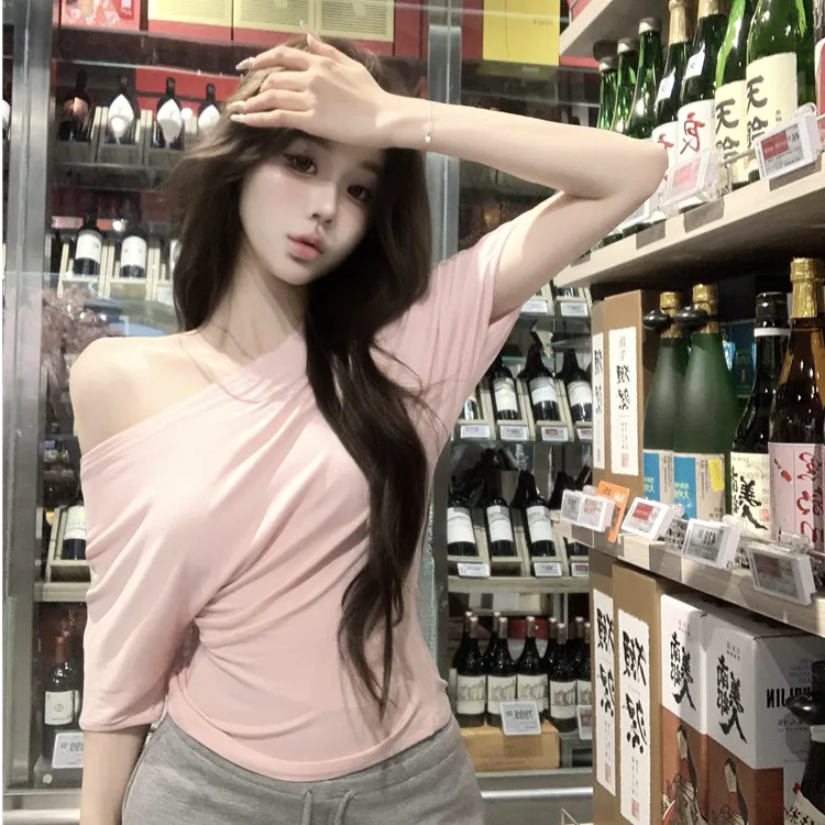 辣妹风露背斜肩收腰短袖T恤女夏季ins性感修身显瘦一字领短款上衣