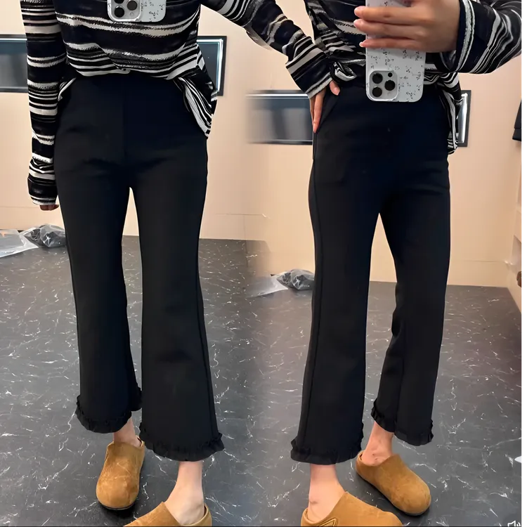 【胖彤彤】6868#裤脚花边加绒显瘦微喇裤Y/714