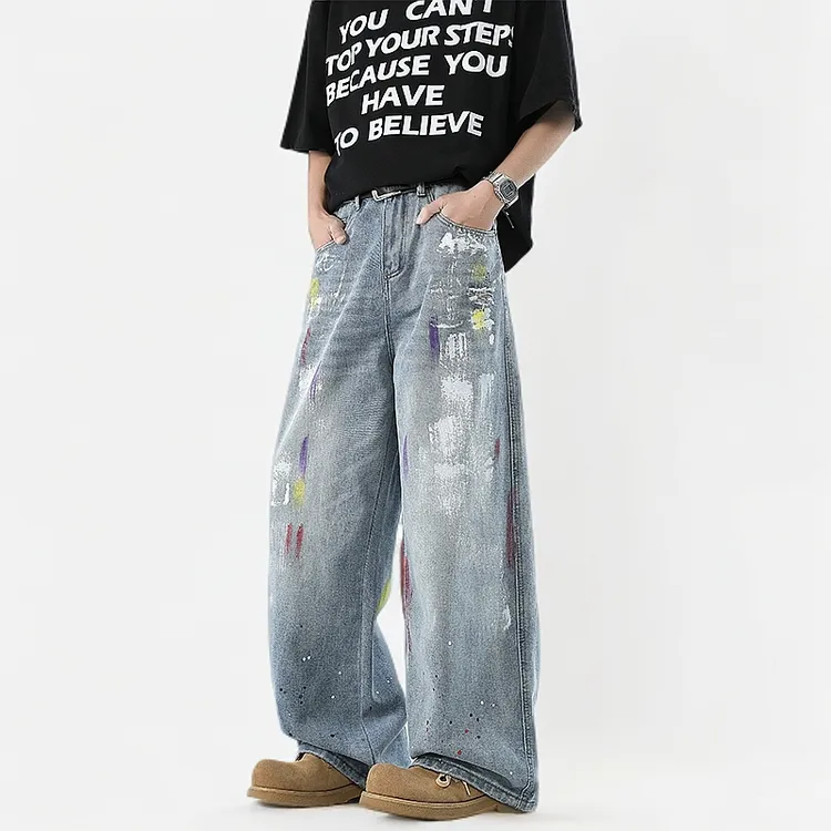 美式小众涂鸦宽松直筒中腰潮牌牛仔裤男女同款情侣裤子穿搭复古