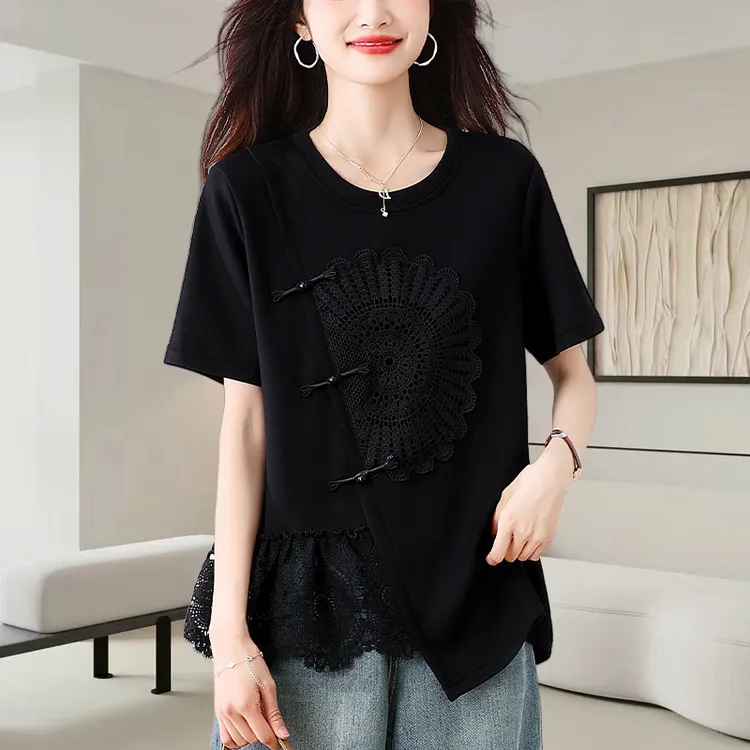 新中式蕾丝黑色短袖t恤女2025夏季新款时尚宽松显瘦气质小衫上衣