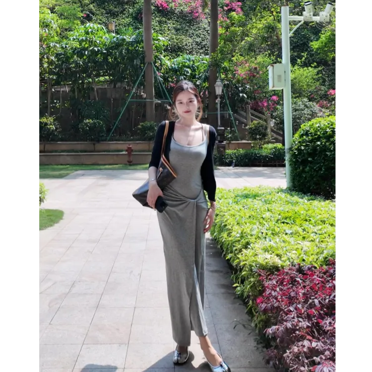 【梦中伊甸】夏季新款温柔淑女风防晒短款开衫搭收腰扭结吊带连衣裙