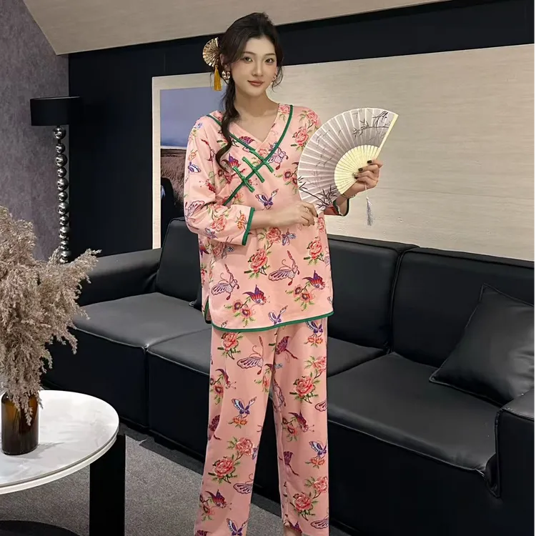 秋冬季双面绒睡衣薄绒大码宽松女新中式国风印花家居服套装#339-6