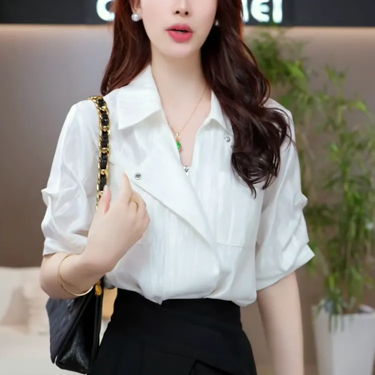 2025夏季新款轻奢高级感白色衬衫女宽松休闲职场气质通勤女士衬衣