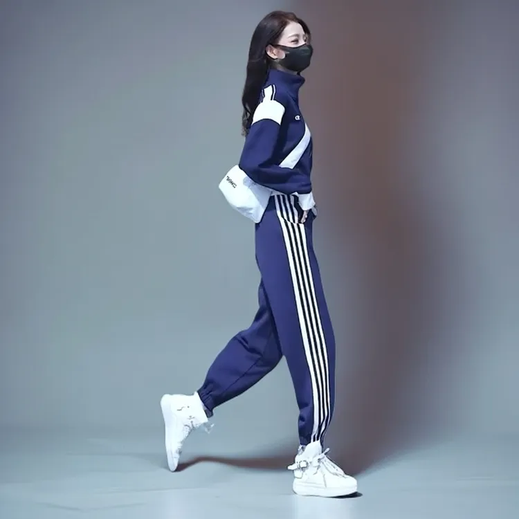 欧货炸街运动服套装女春秋宽松洋气长袖针织束脚裤两件套2024新款