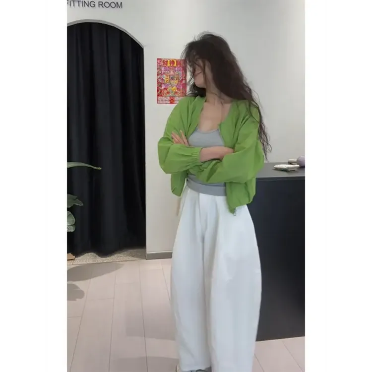 独特漂亮初夏小香风休闲绿色薄款防晒外套白色阔腿裤套装女小个子