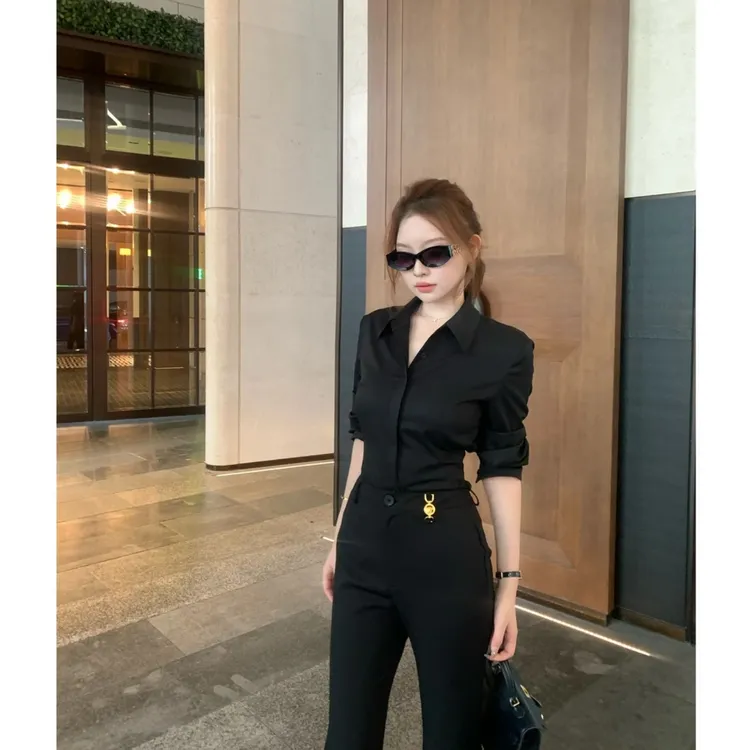 2025秋季新款气质通勤职场长袖衬衫气质百搭显瘦高腰微喇西裤套装