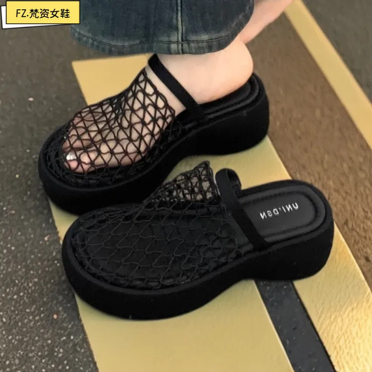 松糕厚底夏季鞋镂空包头女时尚黑色新款高跟外出小个子内凉鞋