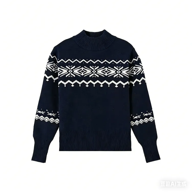 费尔岛提花半高领针织打底衫女秋冬2025年新款藏蓝色毛衣显瘦上衣