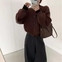 【运费补贴】咖啡色大扣子加厚秋冬新款长袖宽松韩版针织衫毛衣女