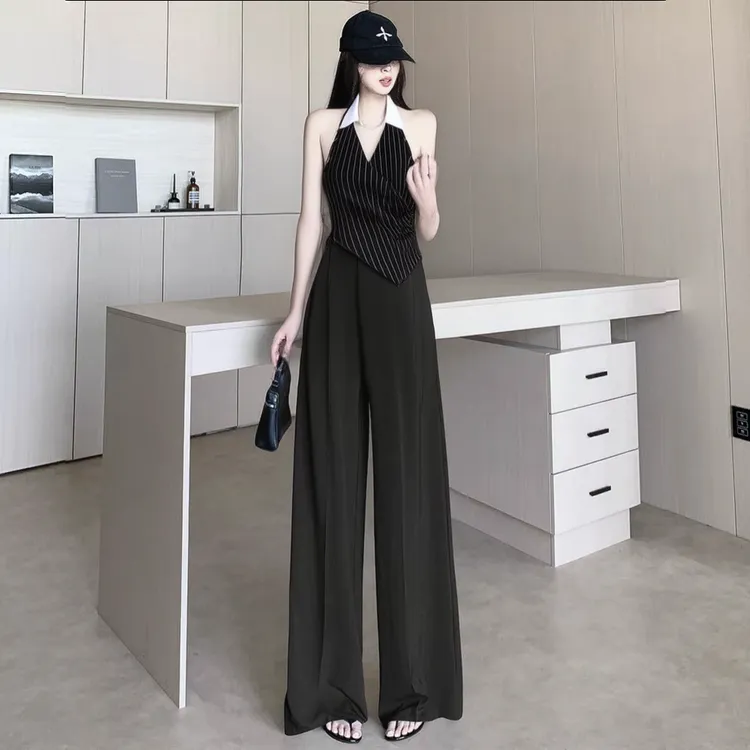 2025新款辣妹风衬衫领条纹翻领拼接不规则上衣+黑色裤子套装