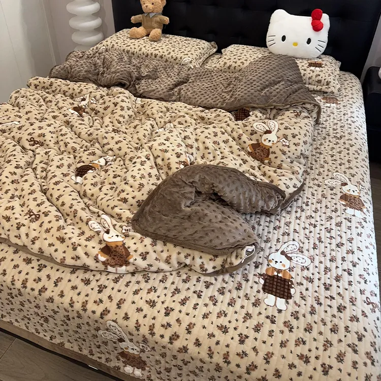 碎花小兔豆豆绒床上四件套冬季珊瑚绒牛奶绒被套加绒夹棉床盖套件