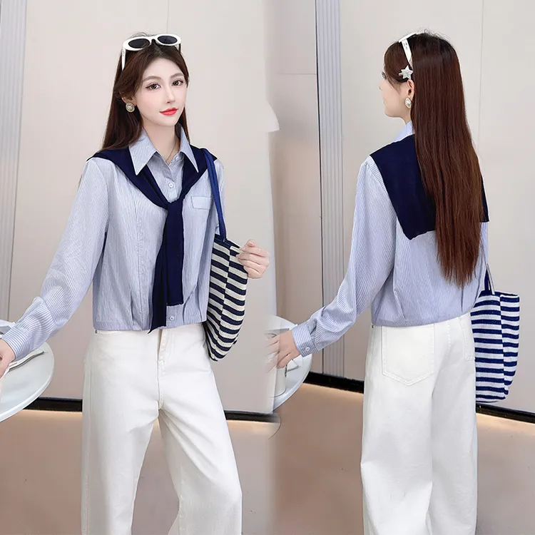 时尚衬衫2025秋季新款POLO领宽松减龄条纹长袖披肩衬衣上衣25055