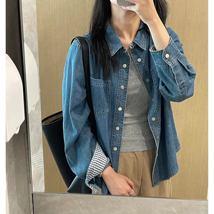 原物推荐！袖口拼接格子牛仔衬衫女秋装通勤百搭衬衣韩系叠穿外套