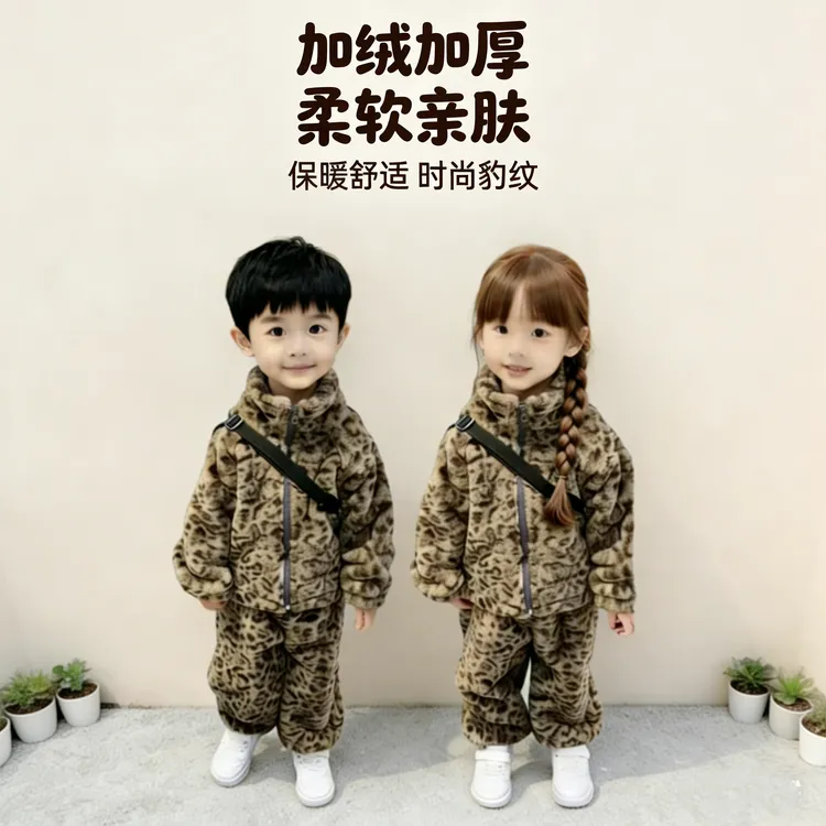 加绒加厚亲子装儿童韩版保暖时尚豹纹仿兔毛皮草两件套一件过冬