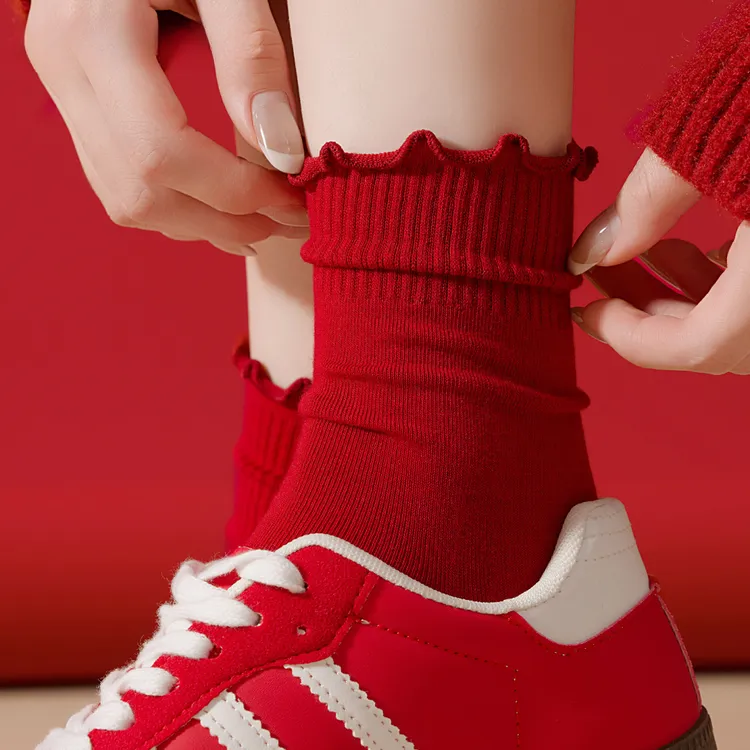 红袜子女款纯棉本命年秋冬女士无骨2026马年礼物属马大红色中筒袜