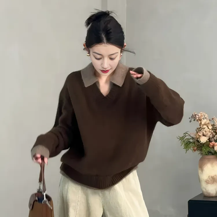 大码复古慵懒风翻领假两件毛衣2025秋冬微胖mm宽松显瘦针织衫上衣