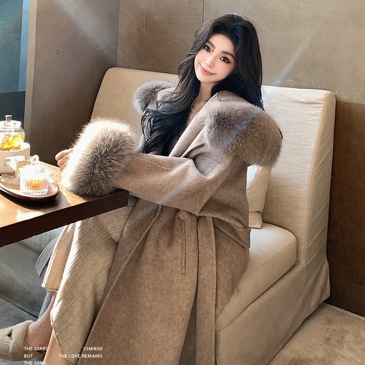 贵气感仿狐狸超大毛领双面绒大衣女中长款2025冬新款轻奢毛呢外套