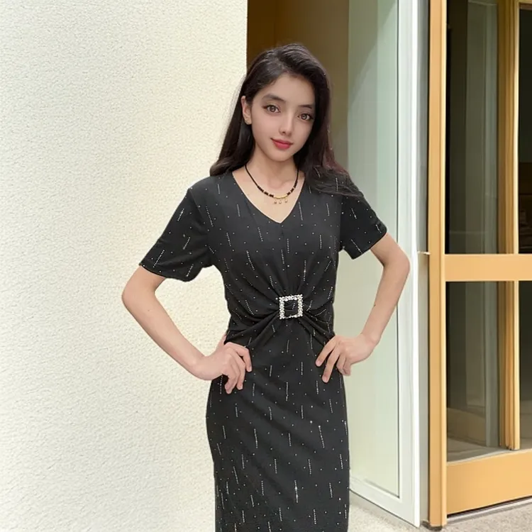 9906【依丽】烟花式烫钻夏季V领腰部褶皱设计新款女装连衣裙