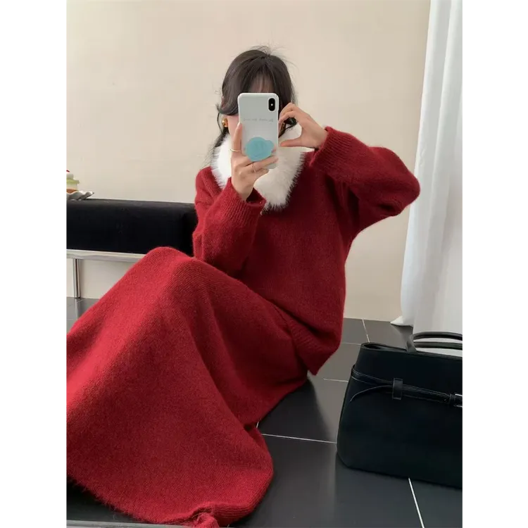 高级感可拆卸毛领韩系慵懒休闲针织套装秋冬气质毛衣半身裙两件套