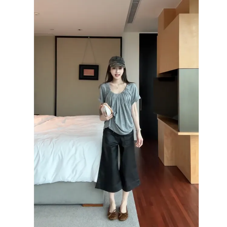 MARIE.COCO法式复古慵懒褶皱显瘦灰色U领宽松上衣休闲阔腿裤套装