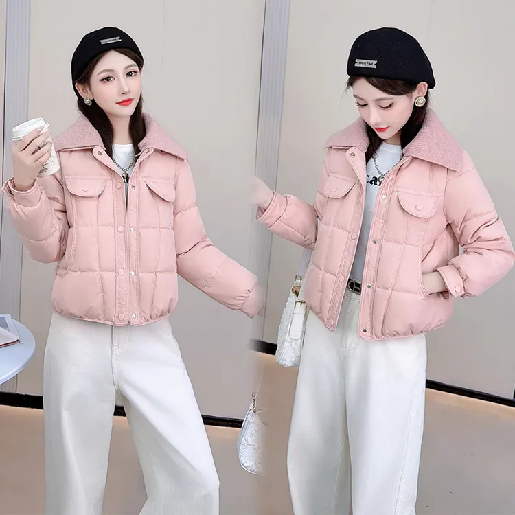 时尚休闲棉服外套女2025冬季新款甜美减龄纯色百搭针织方领棉衣
