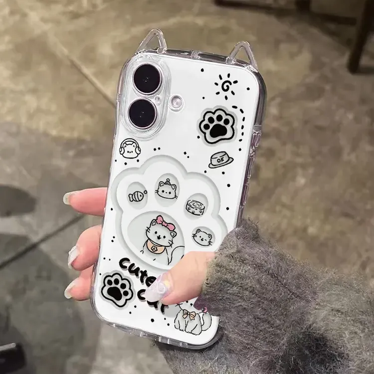 镂空猫爪子适用于苹果16/15promax手机壳14plus/13小蛮腰xs猫耳朵