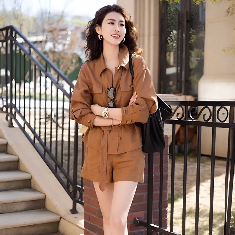 复古港风气质工装风女装夏季美拉德薄款外套收腰显瘦休闲短裤套装