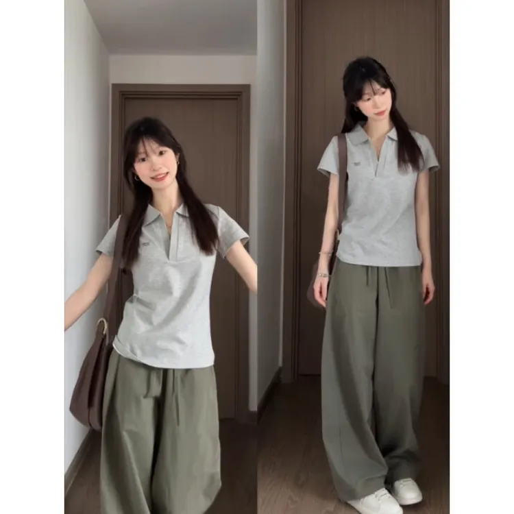 纯欲灰色正肩短袖T恤女夏季新款修身显瘦纯棉polo小衫短款V领上衣