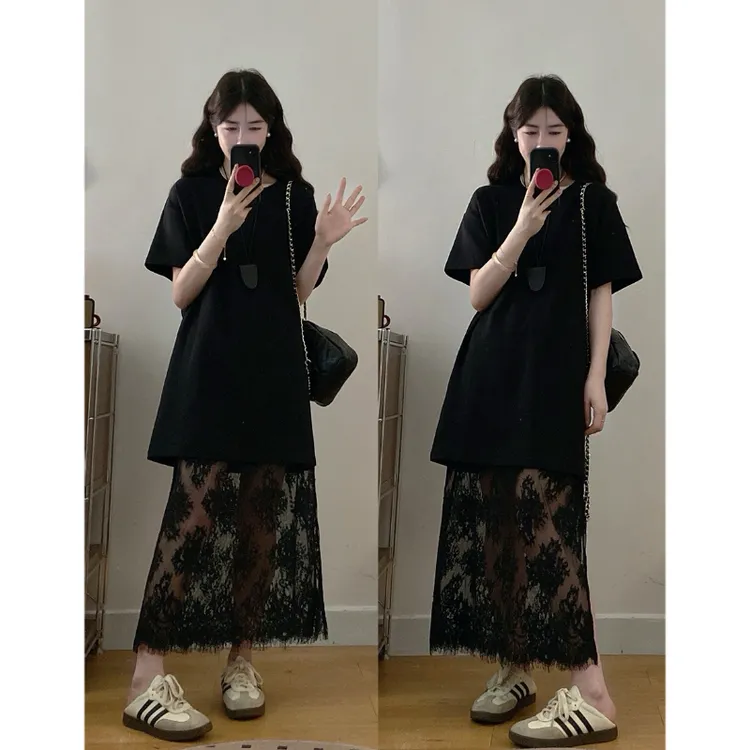 大码女装反差魅力高级感黑色T恤蕾丝半裙胖MM洋气减龄设计感穿搭