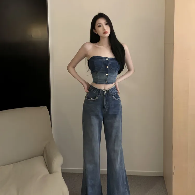 复古牛仔吊带背心女内搭外穿性感美背辣妹一字肩短款裹胸抹胸上衣