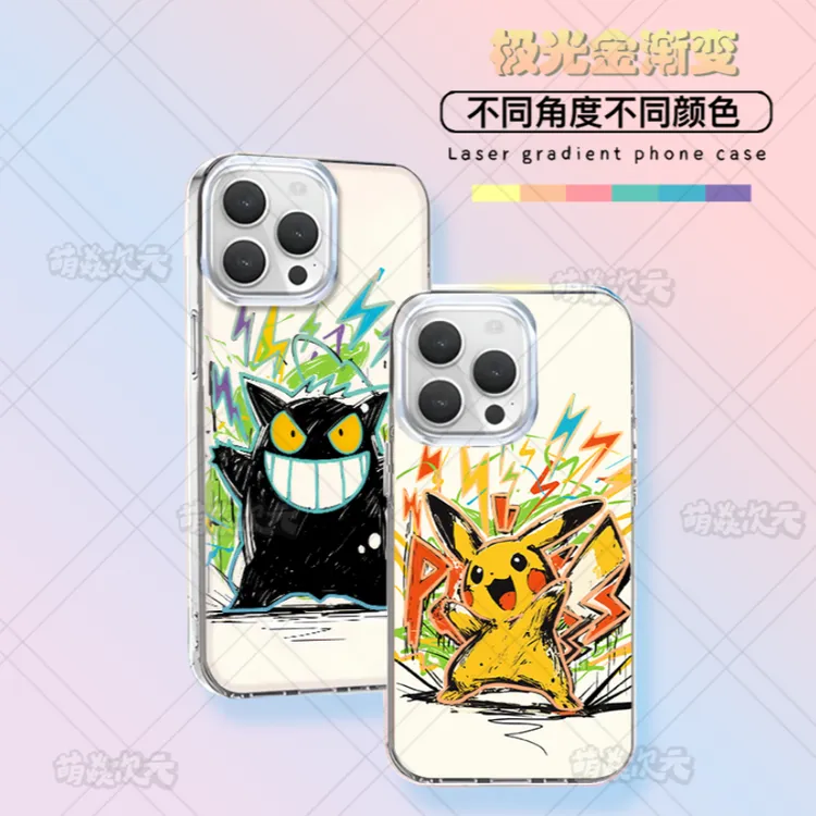 皮卡丘耿鬼涂鸦适用iphone华为VIVO小米OPPO一加动漫极光金手机壳