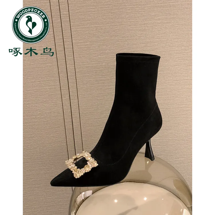 啄木鸟法式尖头高跟瘦瘦靴女2025秋冬新款时尚水钻细跟弹力袜子靴