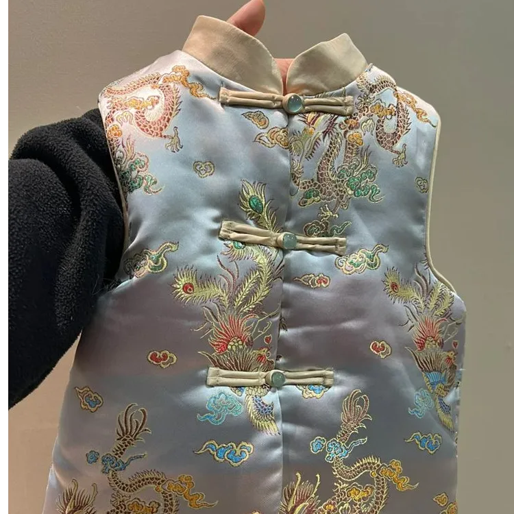 国风童装儿童拜年服秋冬复古高级提花盘扣男女童夹棉过年新年马甲