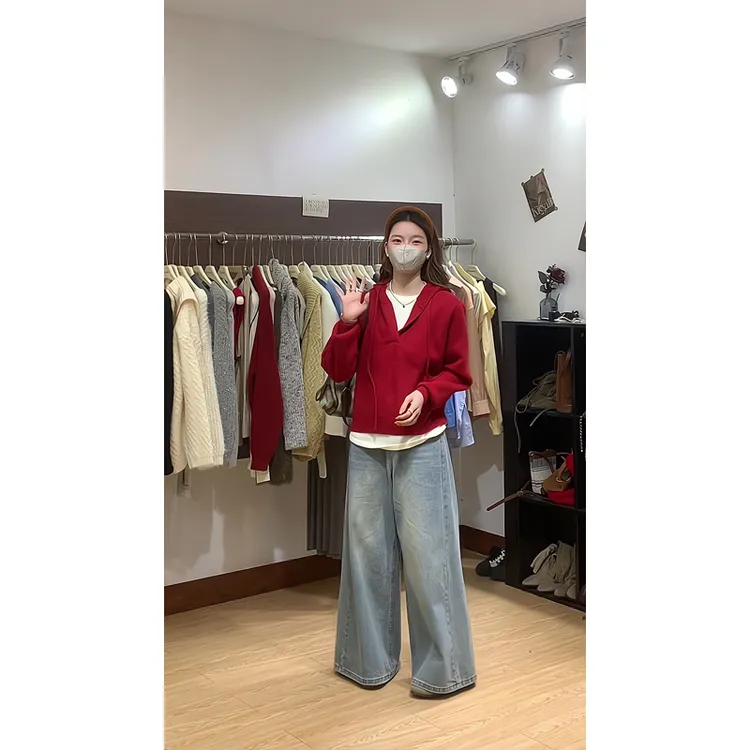 长袖连帽针织衫设计感小众V领软糯洋气毛衣牛仔裤高腰拖地长裤子