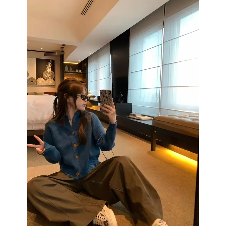 法式高级感蓝色高领毛衣外套女C 9420#