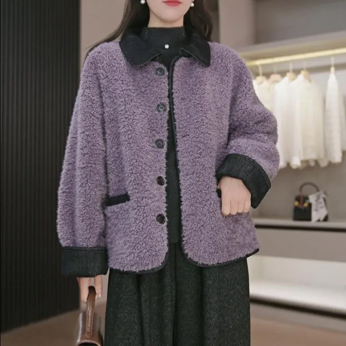 牛仔领女翻领时尚短外套小香风冬季保暖百搭毛毛外套女