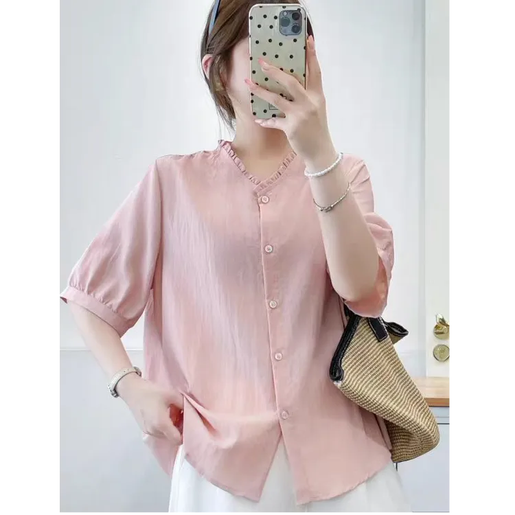 大码胖mm洋气减龄木耳领衬衫女夏宽松显瘦纯色衬衣上衣商品图