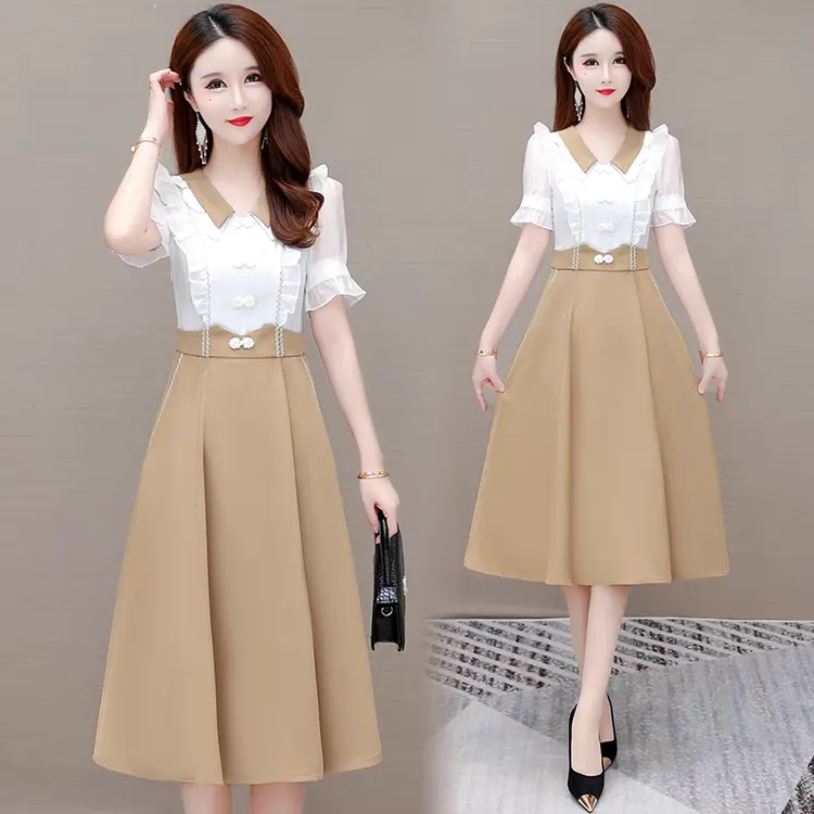 娃娃领连衣裙女2025夏季时尚女人味年轻妈妈装收腰显瘦假两件裙子