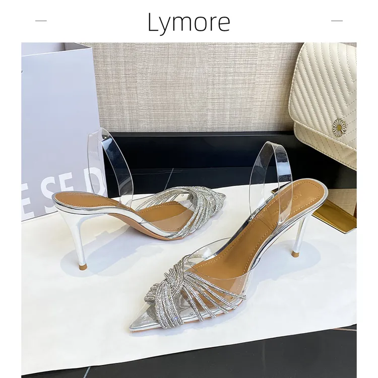 Lymore尖头透明水钻高跟鞋一字凉拖夏季新款网红外穿性感拖鞋凉鞋