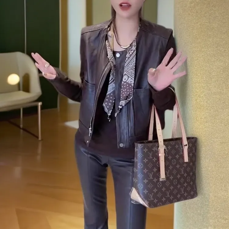 早秋新款大码女装欧货美拉德色系皮马甲宽松遮肉显瘦洋气上衣外套