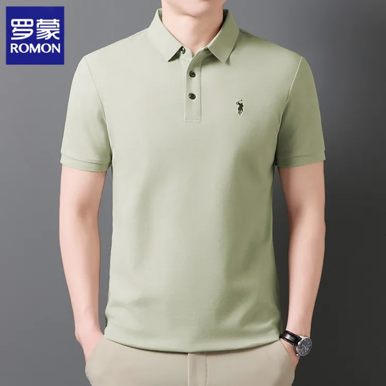 Romon/罗蒙100%纯棉高级感刺绣中青年翻领短袖polo衫透气百搭T恤