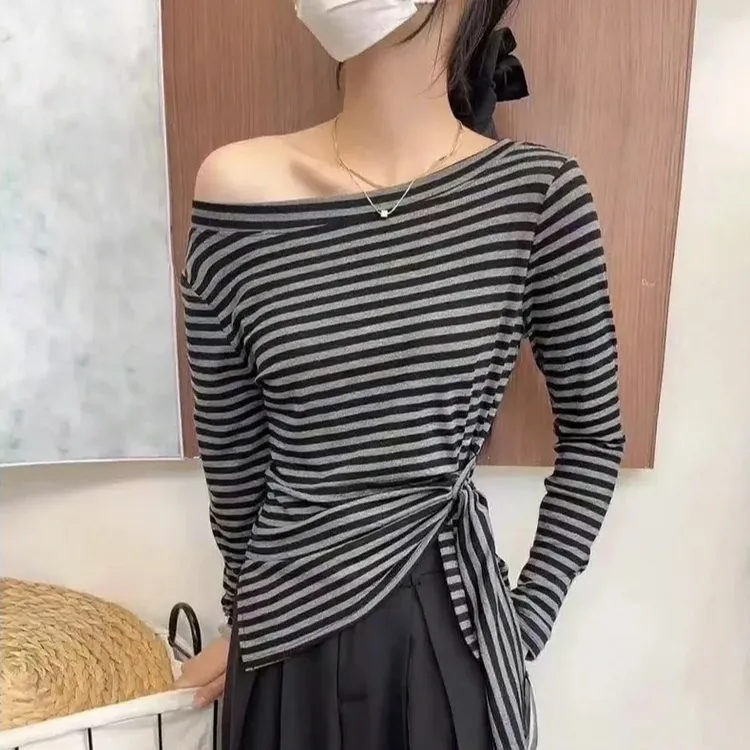韩系下摆不规则开叉收腰设计感长袖T恤女2025显瘦百搭斜肩上衣