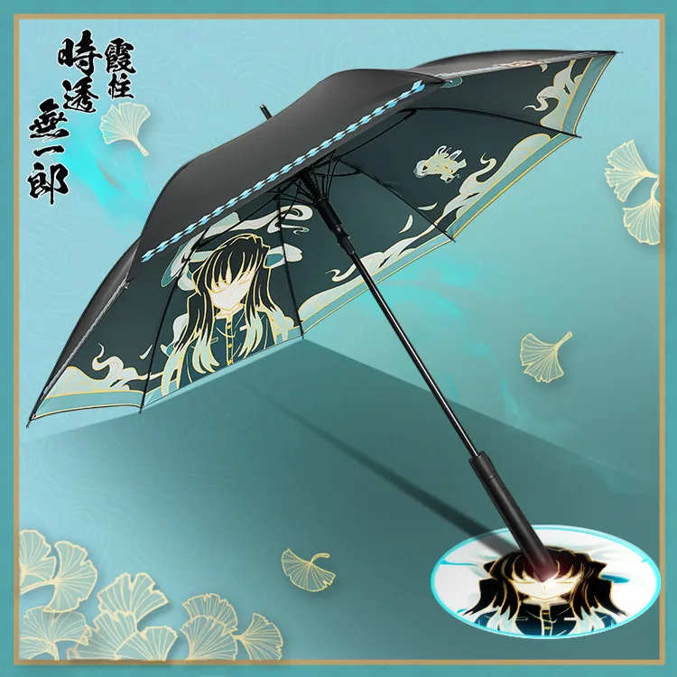 鬼灭无一郎同人周边投影折叠大号学生小巧直柄伞黑胶防紫外线双层